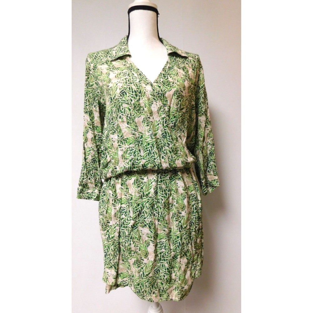 Cabi Leaf Print Faux Wrap Green Collared Dress Style 280 Medium